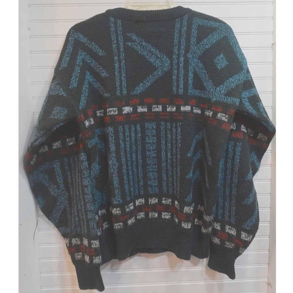 Vintage 90s 80s Knit Sweater Sunset Highway Men's Medium Leather Patchwork